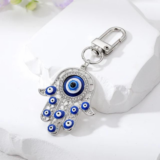 silver Hamsa evil eye keychain