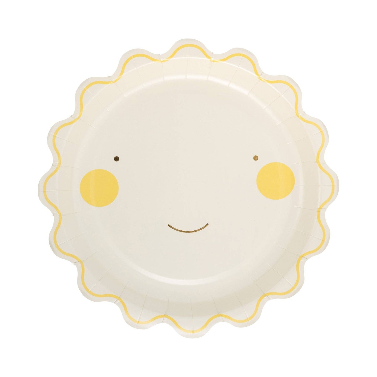 Round yellow smiling sun paper plate with scalloped edge, perfect for cheerful birthday parties in Toronto.