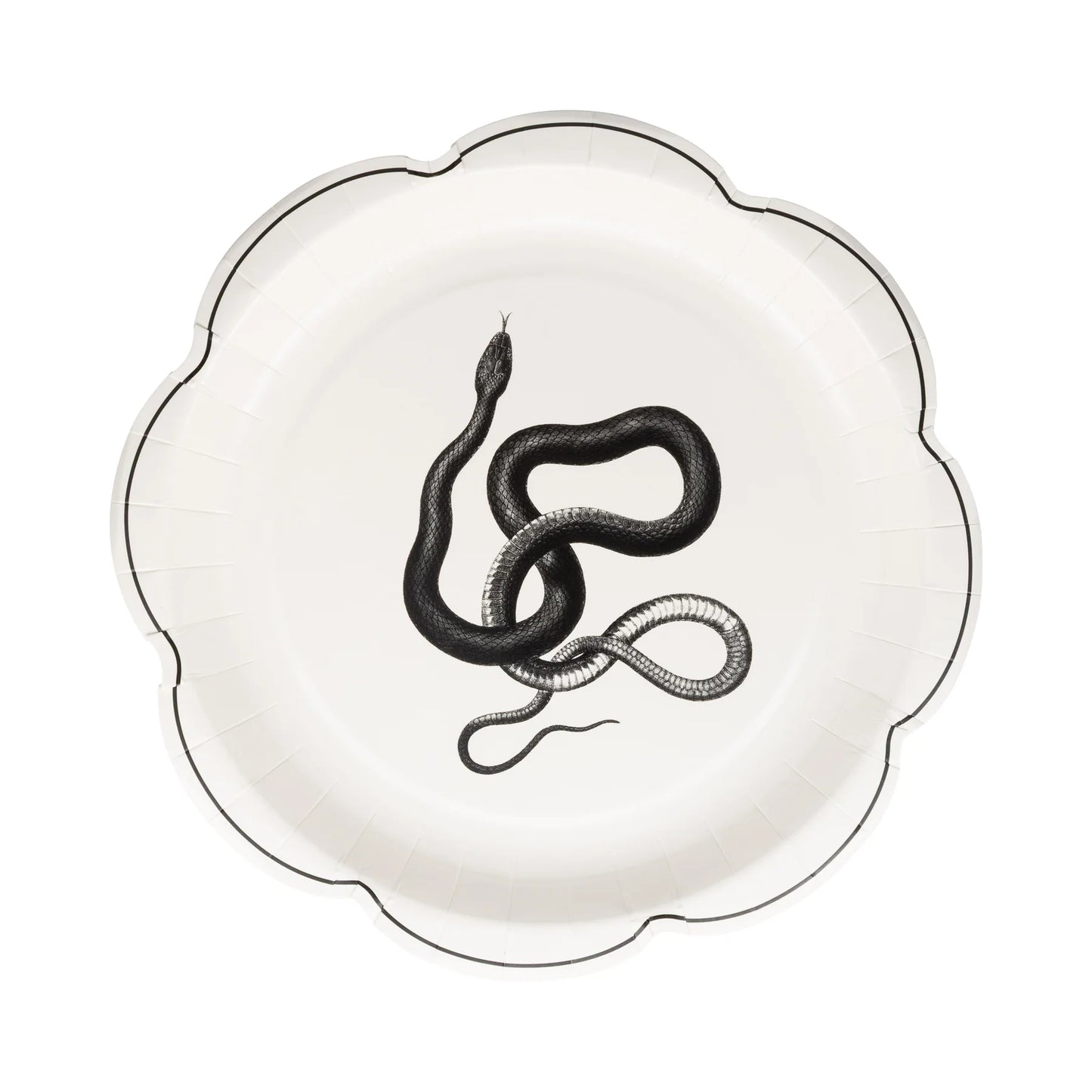 Decorative plate with a black snake design on a white background