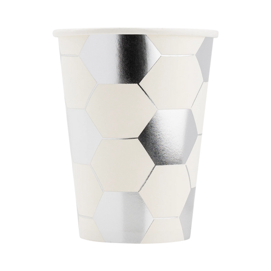 white and silver soccer paper cups
