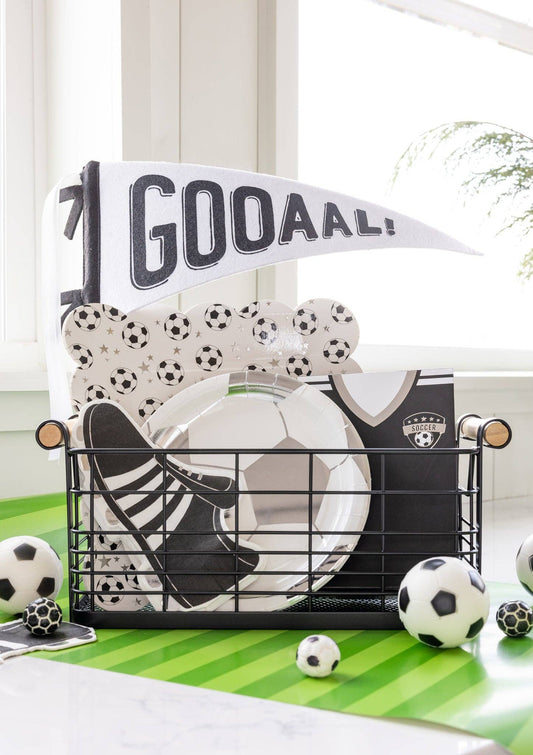 GOOOAL felt soccer pennant styled with soccer themed party supplies available at our Toronto party shop