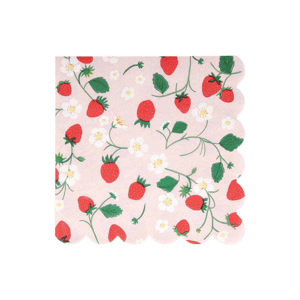 Scallop-edged napkin with strawberry pattern on a pink background by meri meri sold in Toronto at Confetti my Party