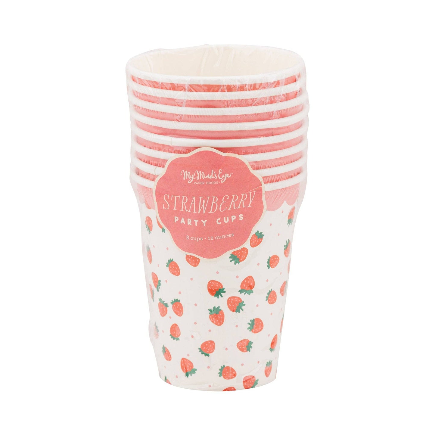 Set of eight strawberry party cups with pink scalloped edge packaging, available in Toronto.
