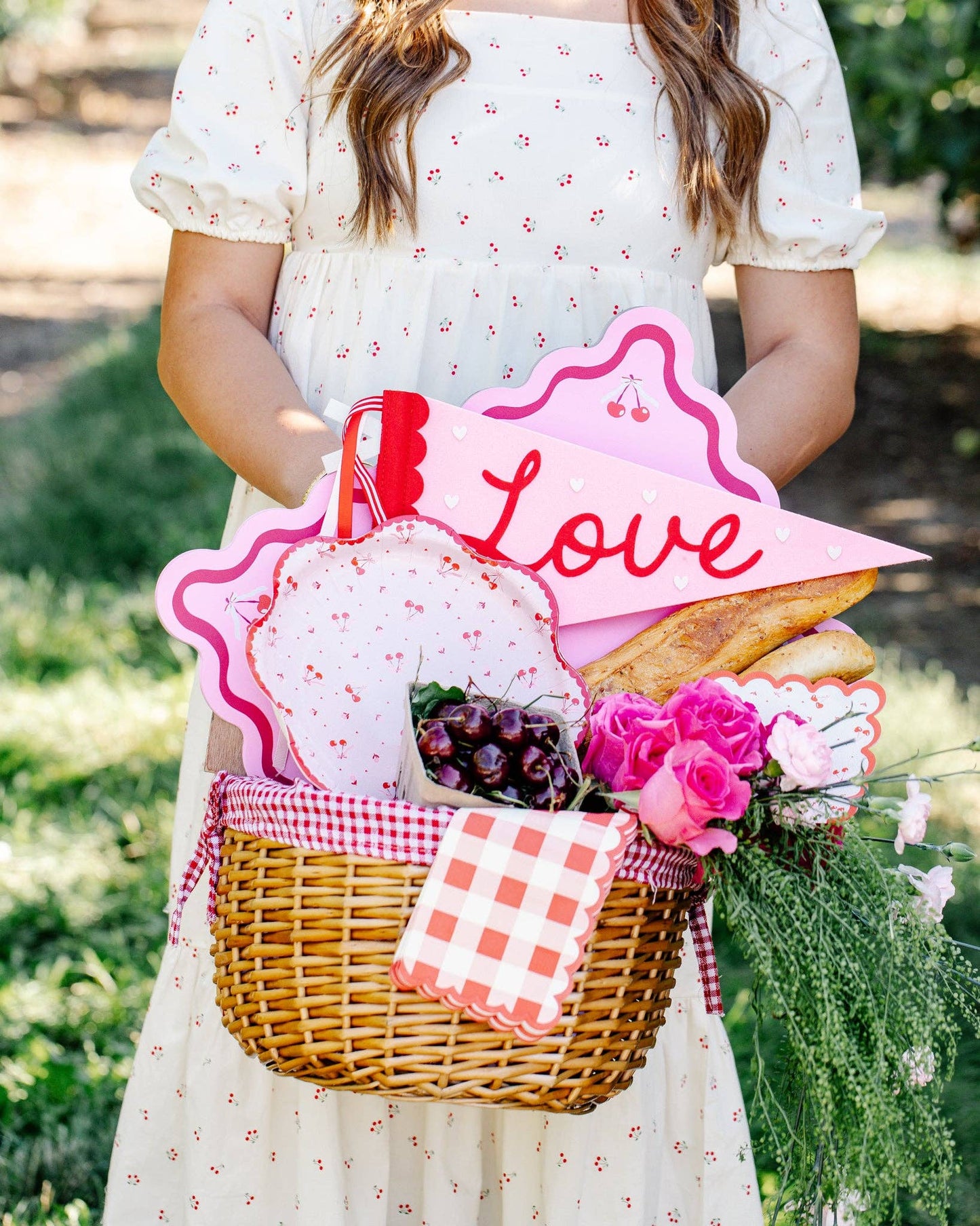 Tossed cherry party plates styled for a picnic table setting, available at Confetti My Party in Toronto