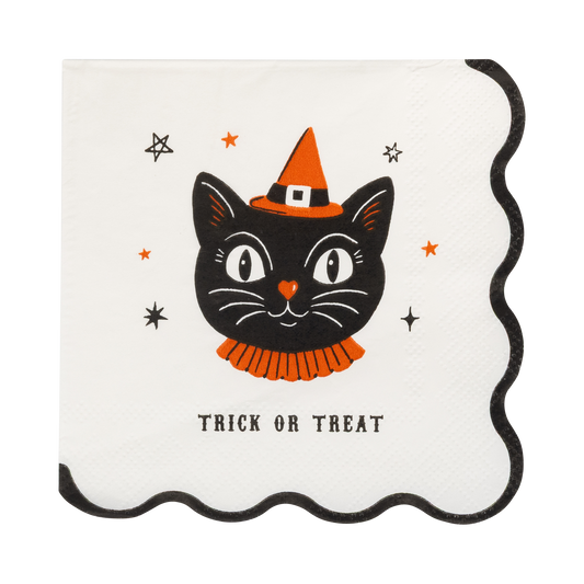 Halloween-themed cocktail napkin with a black cat wearing a witch hat and scarf, and 'Trick or Treat' text on a white background.