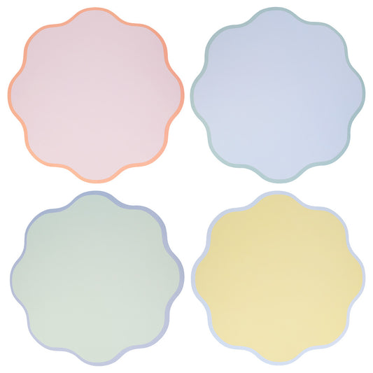 Pastel wavy round paper placemats by Meri Meri in pink, blue, mint and yellow available at our Toronto party shop