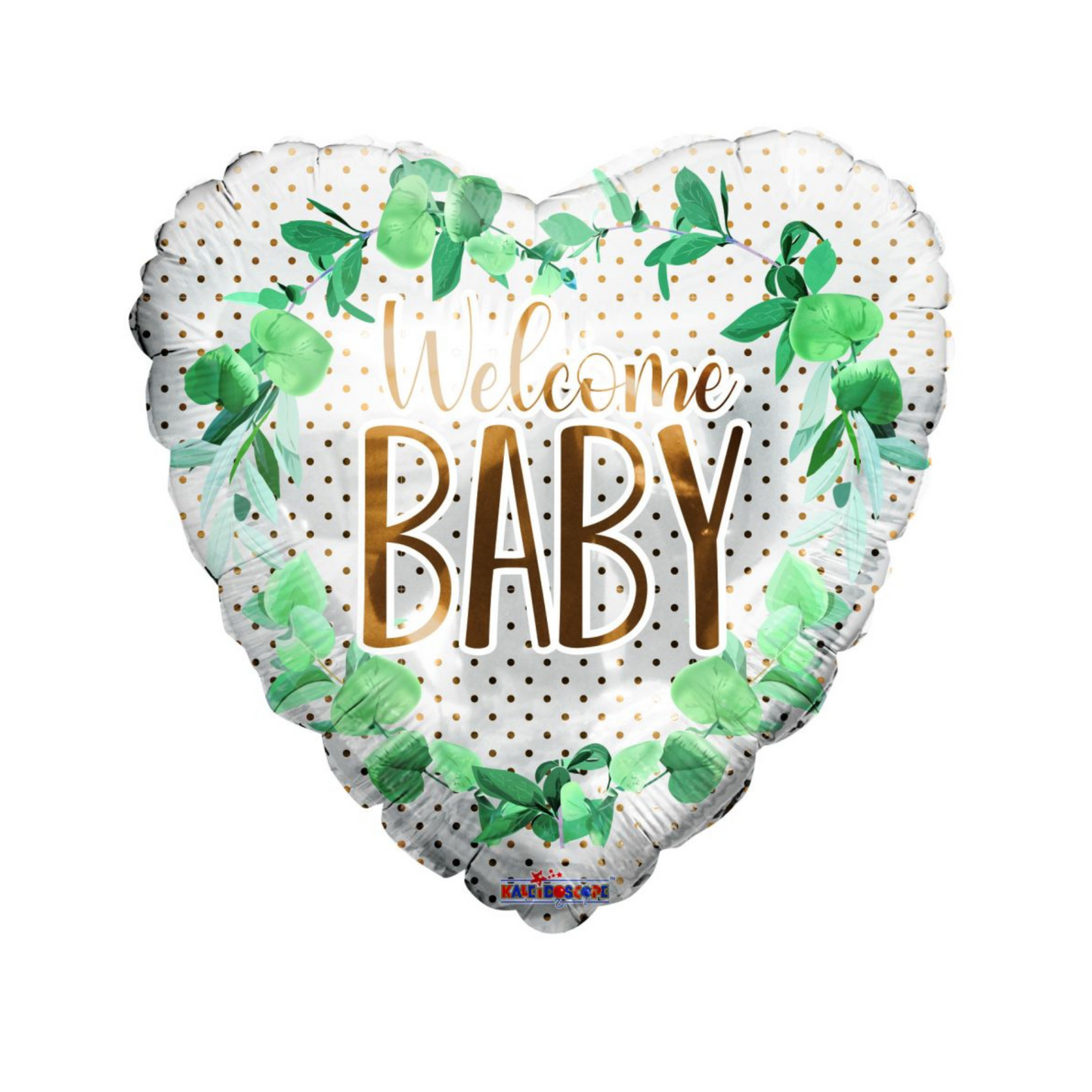 Welcome Baby heart-shaped foil balloon with greenery and gold polka dots, available from our Toronto party store.