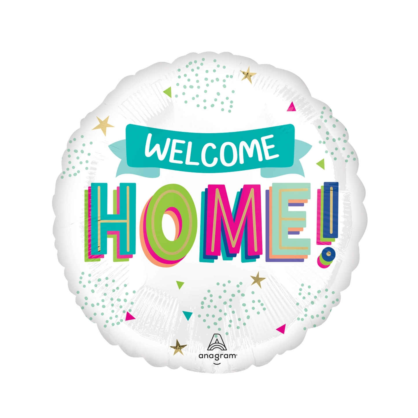 Round Welcome Home foil balloon with colourful letters and confetti design, available from our Toronto party and gift shop.