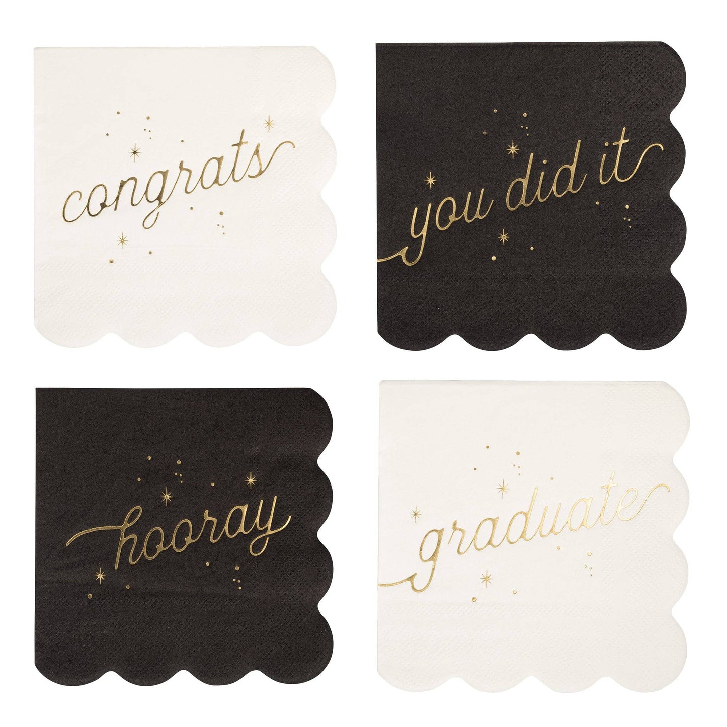 Graduation napkins with gold foil messages reading congrats, you did it, hooray, and graduate, sold in Toronto at Confetti My Party