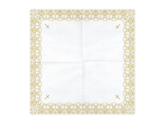 white square napkin with intricate gold bordered edge and crosses
