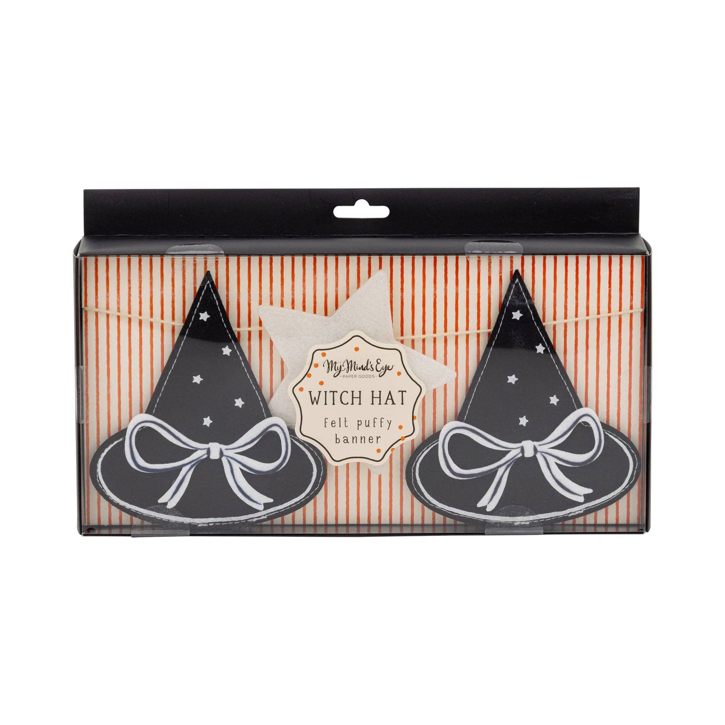 Packaged witch hats with a star-shaped label on a striped background