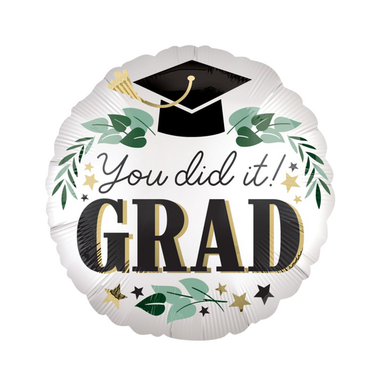 you did it! grad round foil balloon - greenery and black cap print