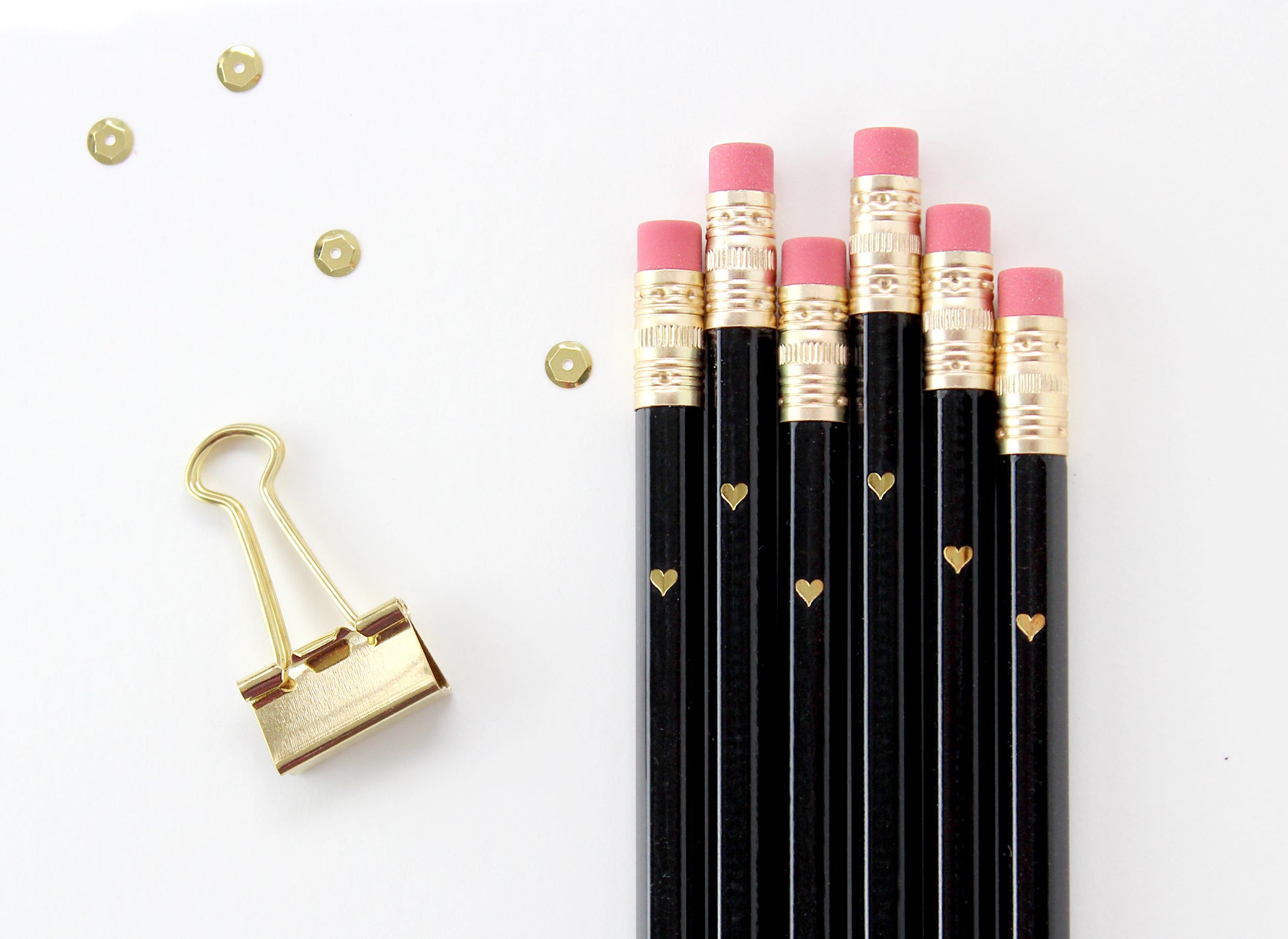 black mini pencils with gold hearts
