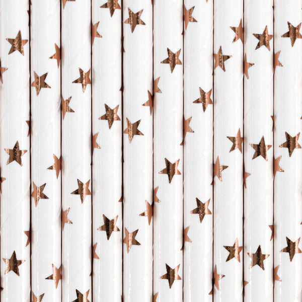 white paper straws with rose gold stars