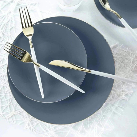 round grey and gold plastic dinner and dessert plates