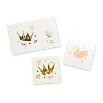 princess themed temporary tattoos featuring a crown and a swan