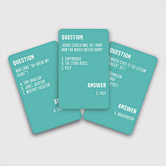Totally 90s Trivia card game with question cards displayed on a white background, available for shipping across Canada.