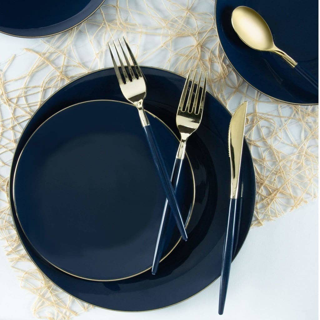 NAVY & GOLD ROUND REUSABLE DINNER PLATES | 10 PIECES