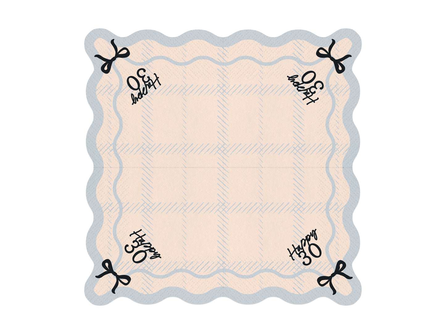Flat lay of Happy 30 scalloped napkin with pastel plaid pattern and bow detail, ideal for 30th birthday parties in Toronto