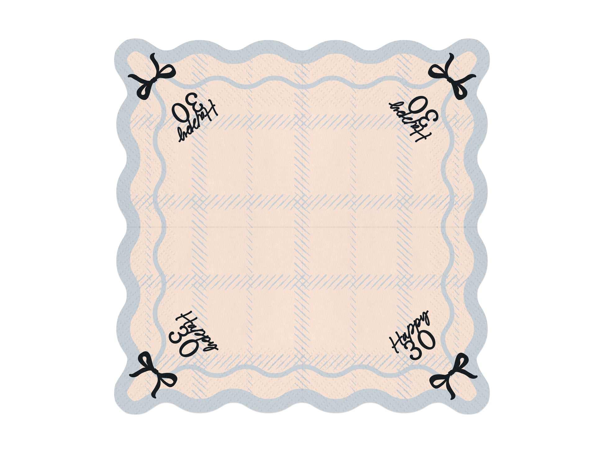Flat lay of Happy 30 scalloped napkin with pastel plaid pattern and bow detail, ideal for 30th birthday parties in Toronto