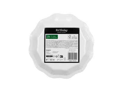 Back view of paper plates packaging with eco-friendly FSC details and recycling information.