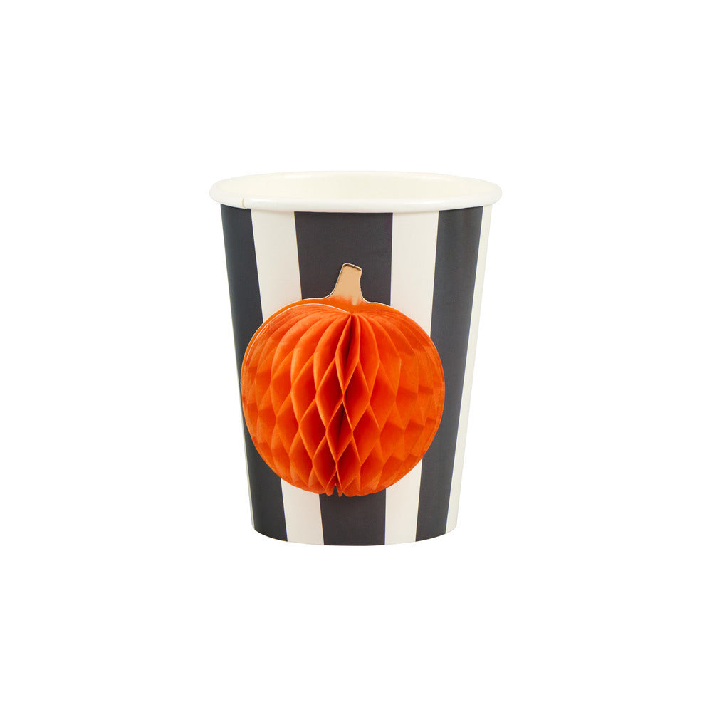 Black and white striped Halloween paper cup with orange 3D honeycomb pumpkin decoration