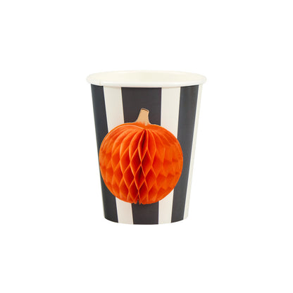 Black and white striped Halloween paper cup with orange 3D honeycomb pumpkin decoration