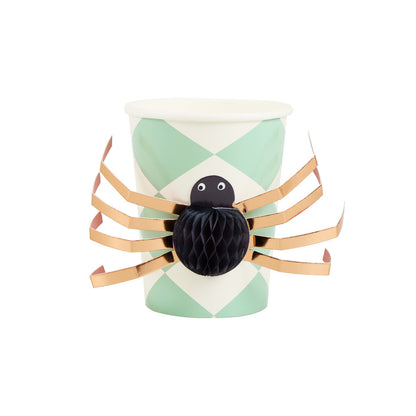 Mint green Halloween paper cup with black 3D honeycomb spider and metallic gold legs
