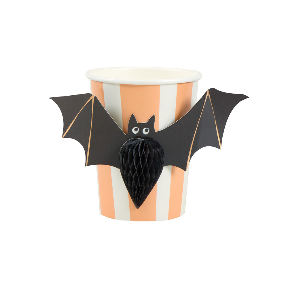 Peach striped Halloween paper cup with black bat and 3D honeycomb detail