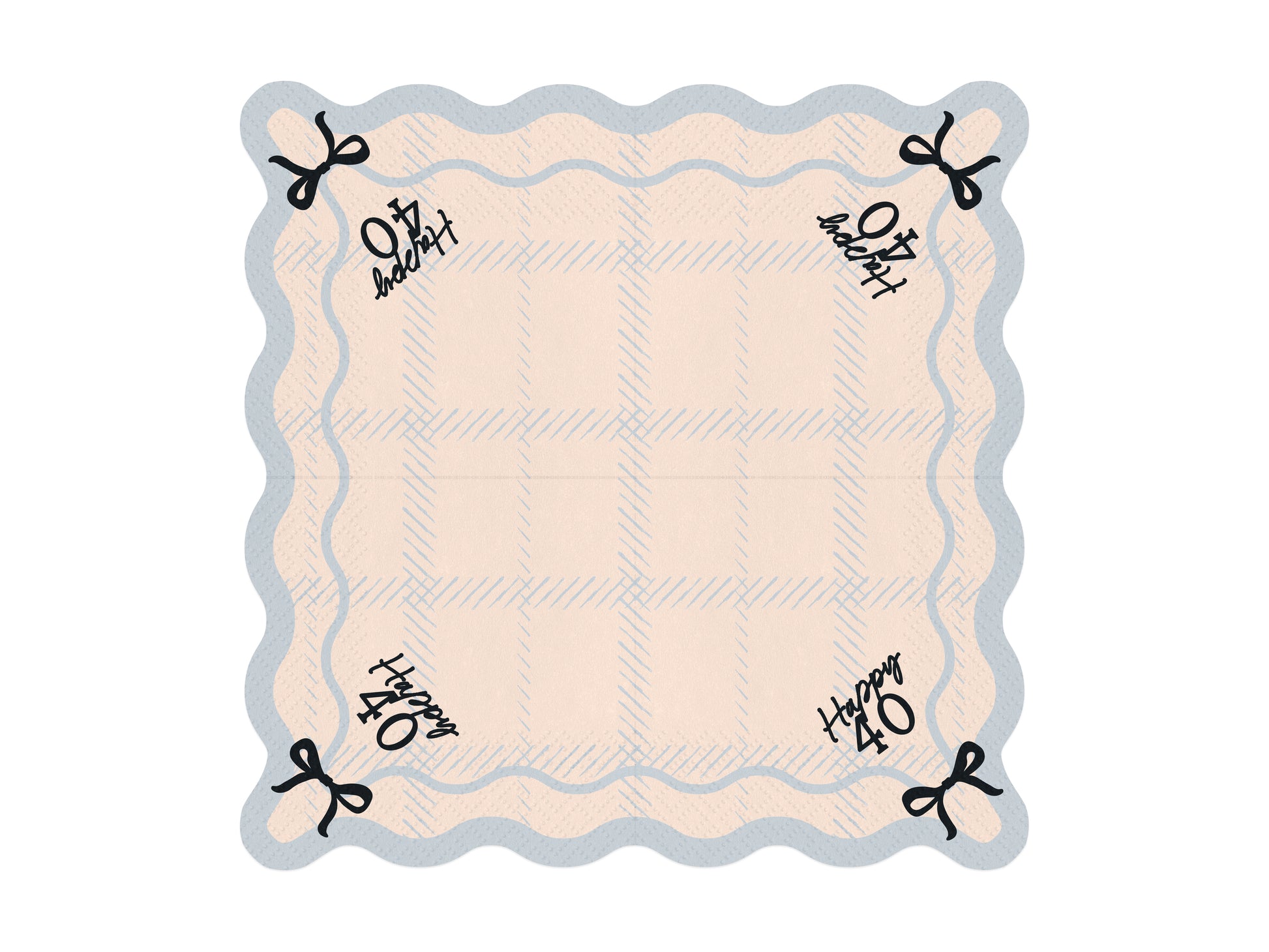 Flat lay of Happy 40 scalloped napkin with pastel plaid pattern and bow detail, ideal for 40th birthday parties in Toronto