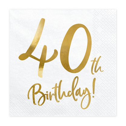 White and gold 40th birthday napkins for milestone celebrations, available from our Toronto party store.