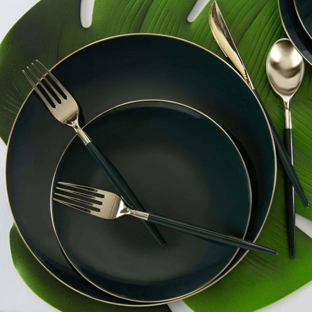 EMERALD GREEN & GOLD ROUND REUSABLE DESSERT PLATES | 10 PIECES