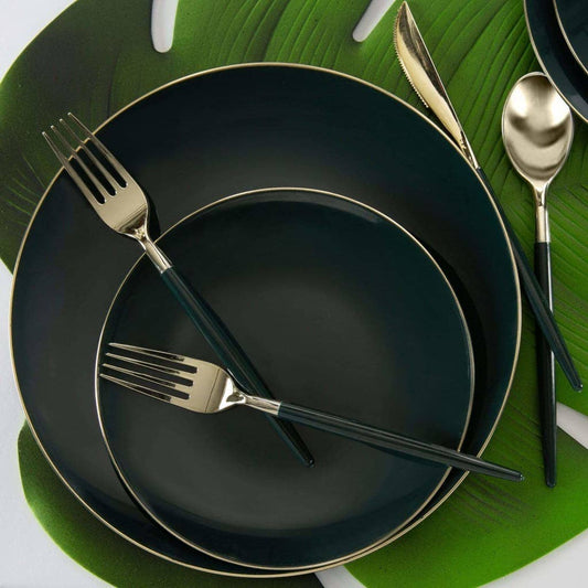 EMERALD GREEN & GOLD ROUND REUSABLE DINNER PLATES | 10 PIECES