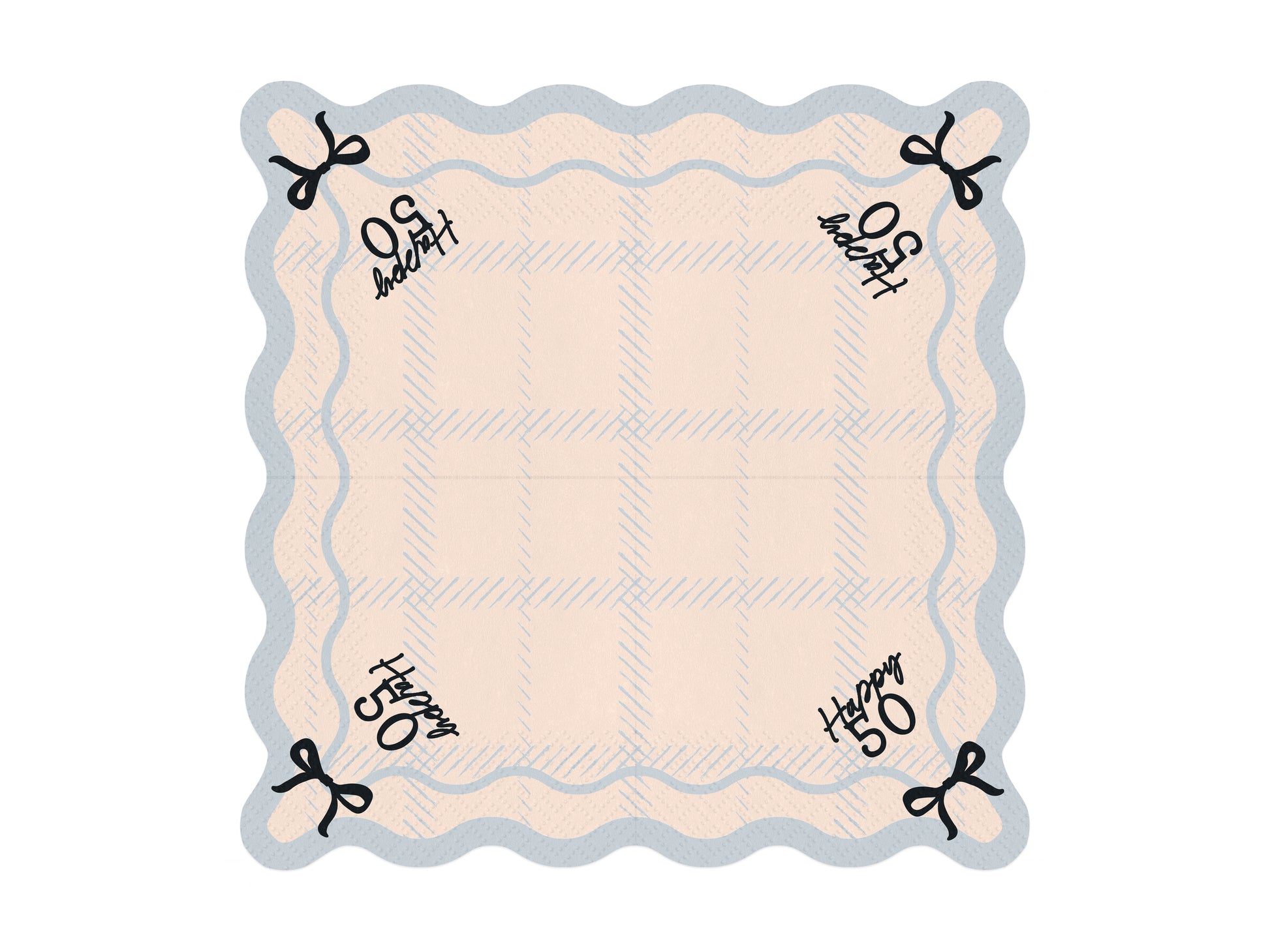 Flat lay of Happy 50 scalloped napkin with pastel plaid pattern and bow detail, ideal for 50th birthday parties.