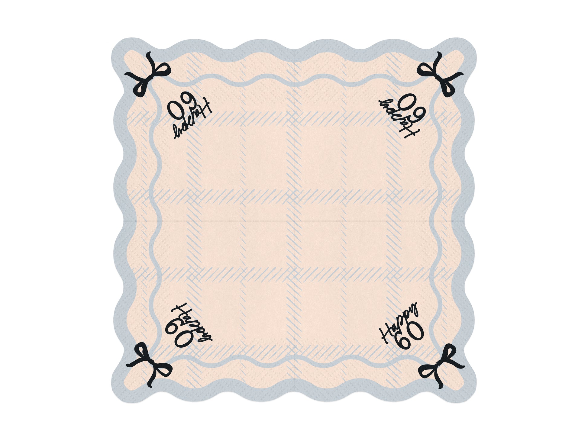 Flat lay of Happy 60 scalloped napkin with pastel plaid pattern and bow detail, ideal for 60th birthday parties.