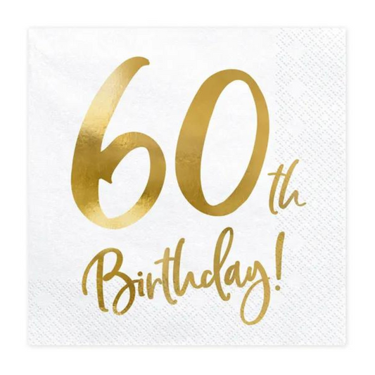 White and gold 60th birthday napkins for milestone celebrations, available from our Toronto party store.