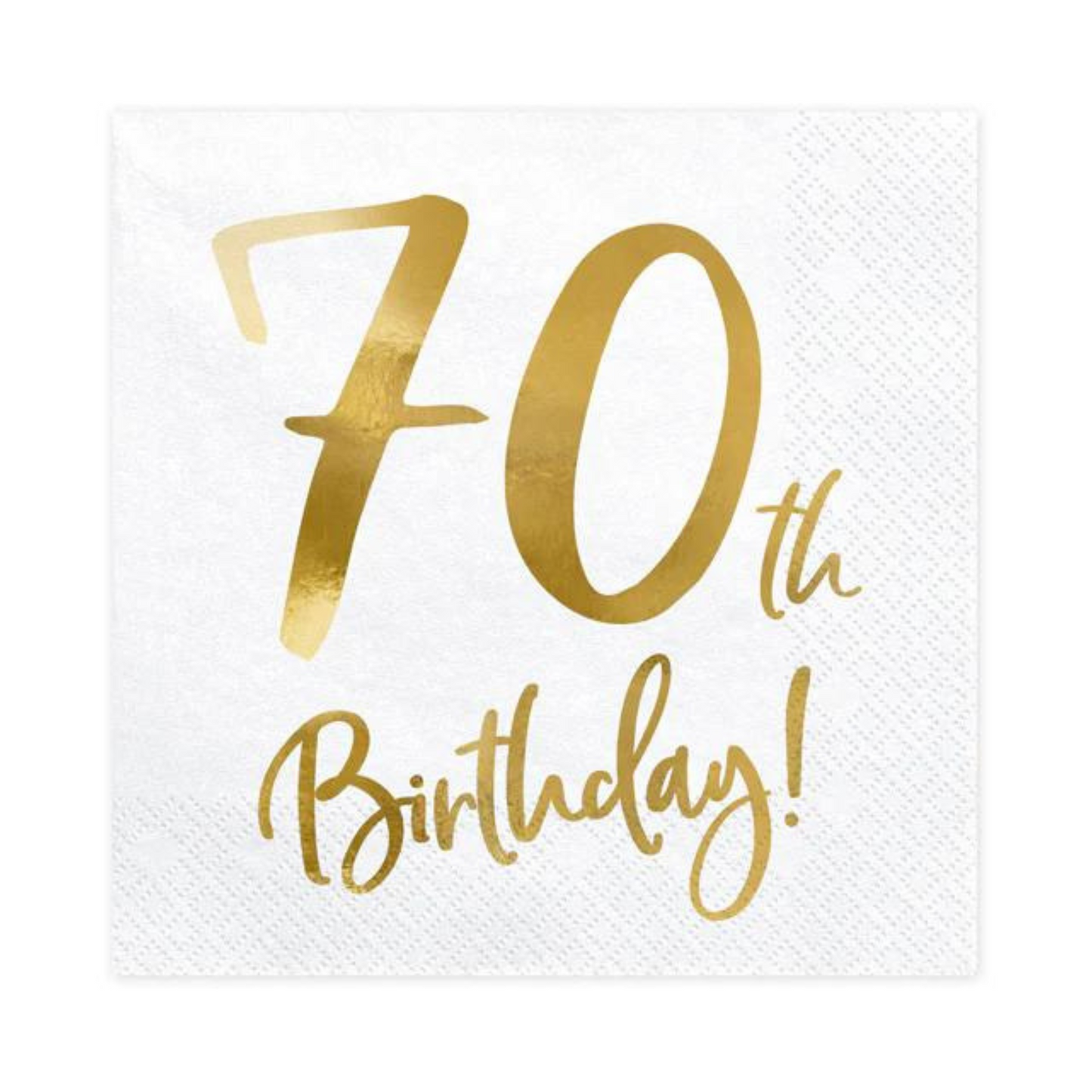 white napkins with 70th birthday in gold cursive writing