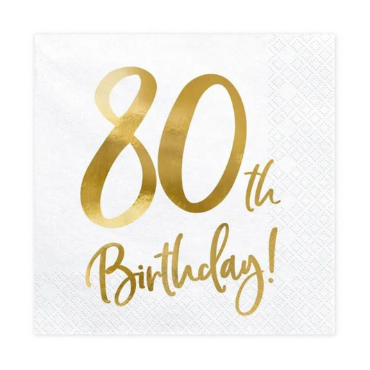 White and gold 80th birthday napkins for milestone celebrations, available from our Toronto party store.