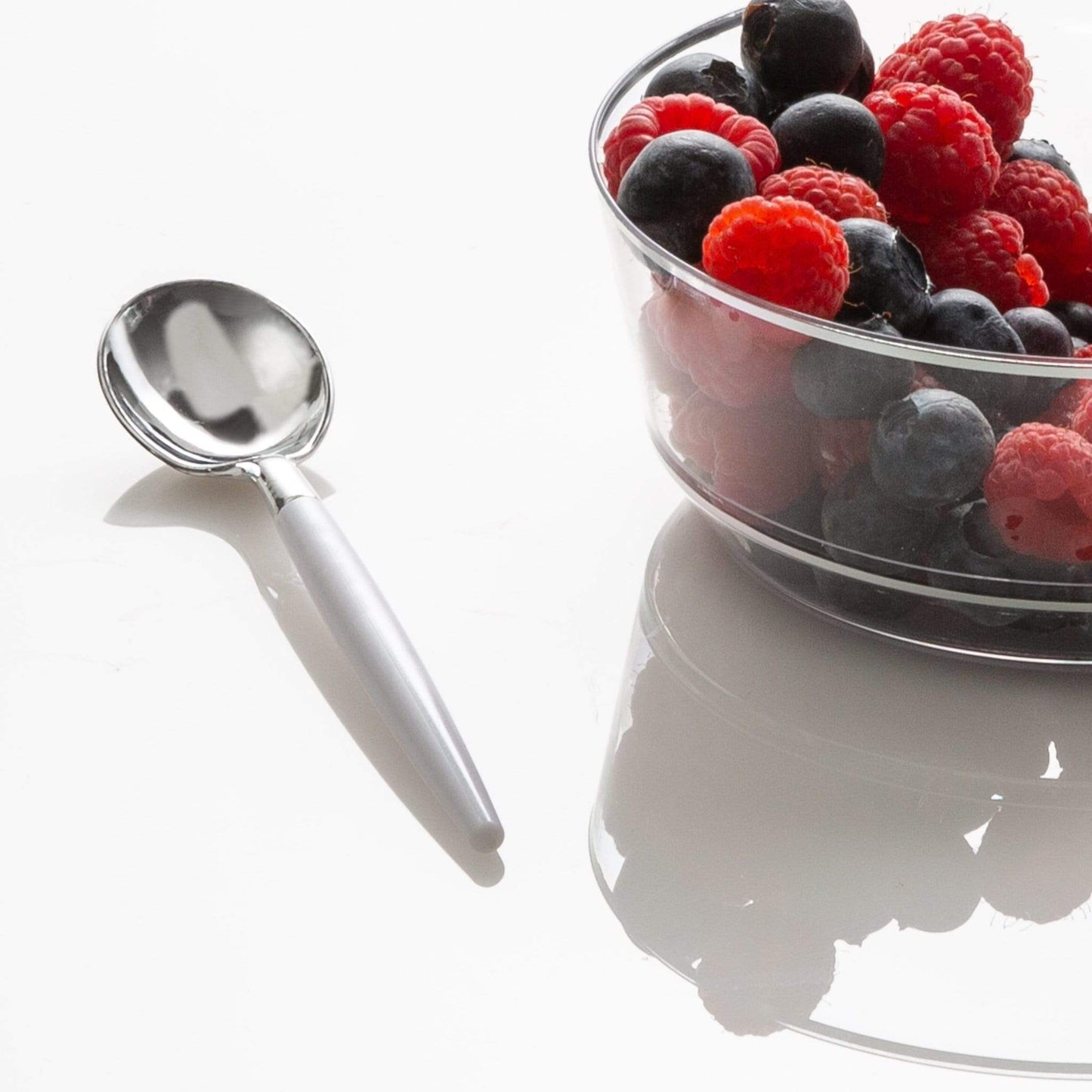 WHITE & SILVER REUSABLE MINI SPOONS | 20 PIECES