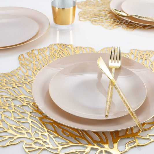 LINEN & GOLD ROUND REUSABLE DESSERT PLATES | 10 PIECES