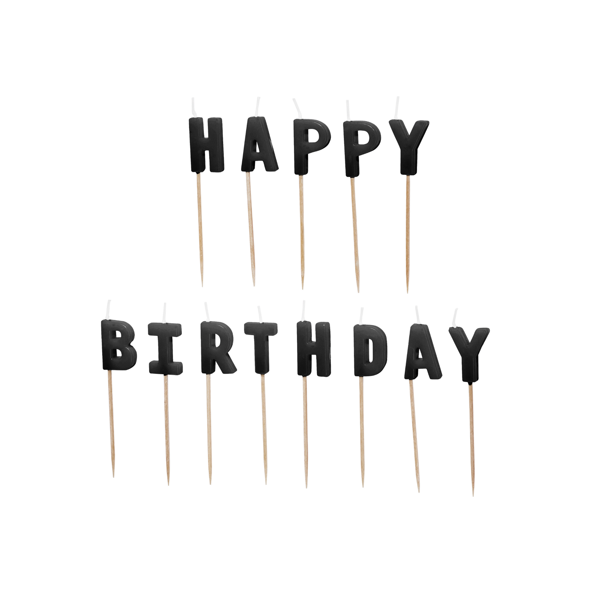 Black Happy Birthday letter candles available at our Toronto party shop
