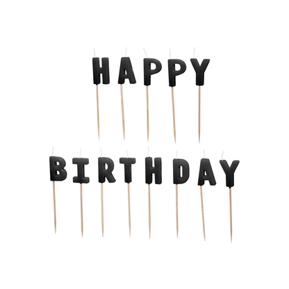 Black Happy Birthday letter candles available at our Toronto party shop