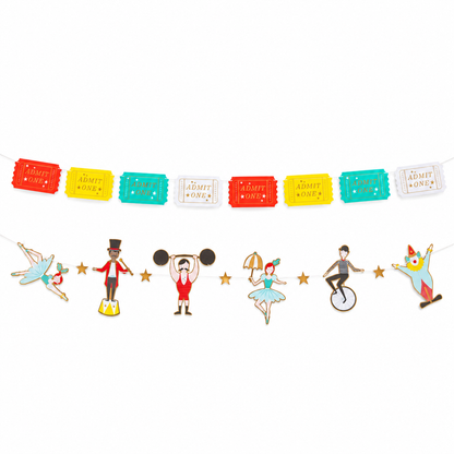 Carnival party banner set featuring colourful Admit One tickets and circus performers with gold foil accents. Pick up in Toronto + Canada-wide shipping available.