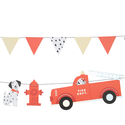 Close up of Meri Meri Fire Truck Garland with fire hydrant and dalmatian details available at our Toronto party shop