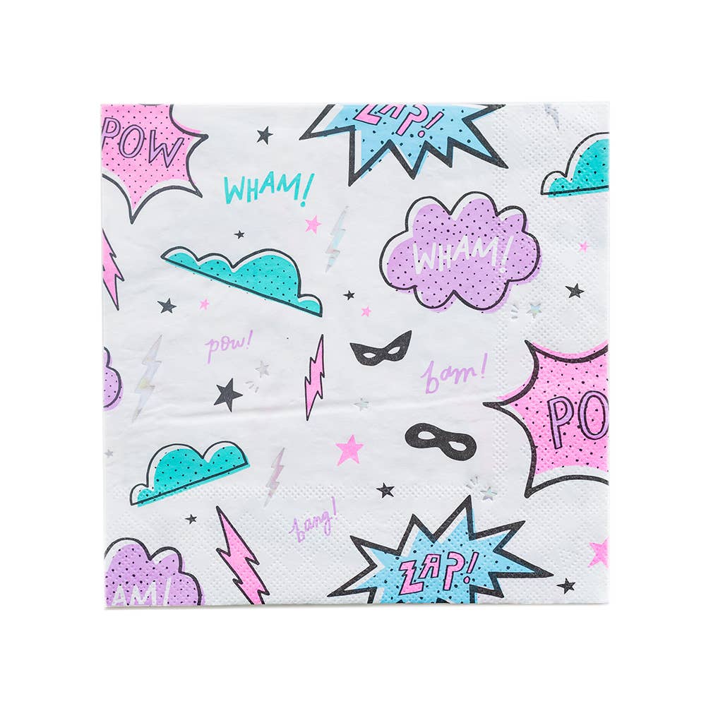 Girl power Superhero-themed paper napkins with comic book speech bubbles, masks, and action words on a white background.