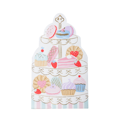 High tea patisserie tower napkins with colourful cakes, macarons, strawberries and gold foil details