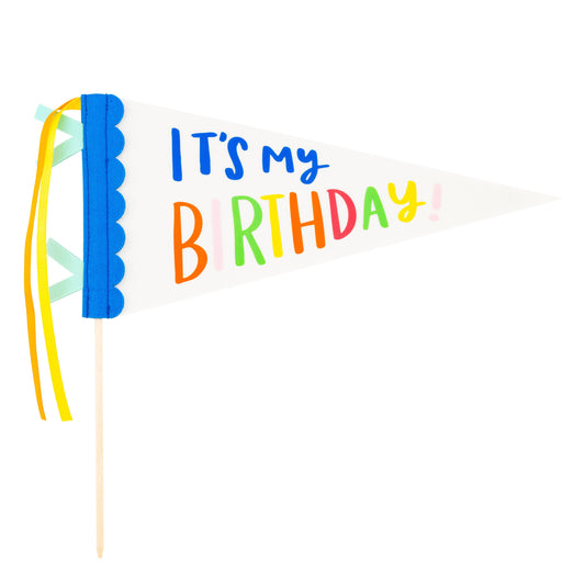 It's My Birthday felt pennant flag with colourful rainbow lettering, blue scalloped trim and ribbon streamers. Pick up in Toronto + Canada-wide shipping available.