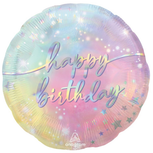 Pastel luminous Happy Birthday foil balloon with rainbow shimmer design, available in Toronto.