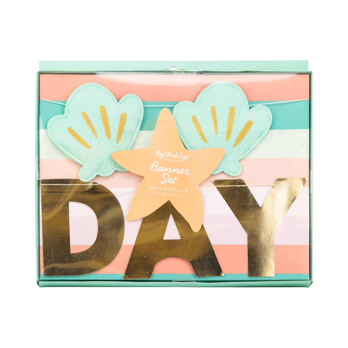 My Mind's Eye Mermaid Happy Birthday Banner Set packaging with mint felt seashells and gold foil lettering. Toronto pickup + Canada-wide shipping available.