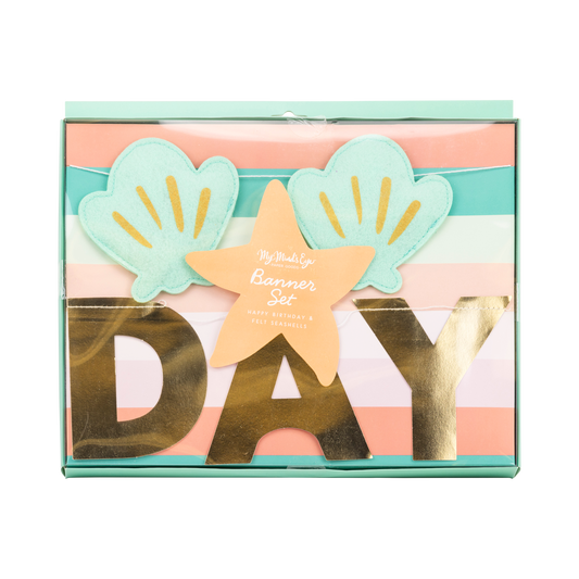 My Mind's Eye Mermaid Happy Birthday Banner Set packaging with mint felt seashells and gold foil lettering. Toronto pickup + Canada-wide shipping available.